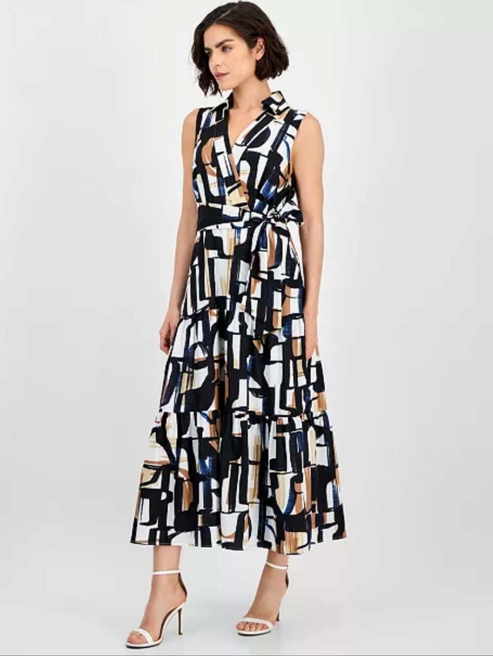 Tahari ASL NWT Size 14 Abstract Print Wrap Midi Dress Belted Coastal Career